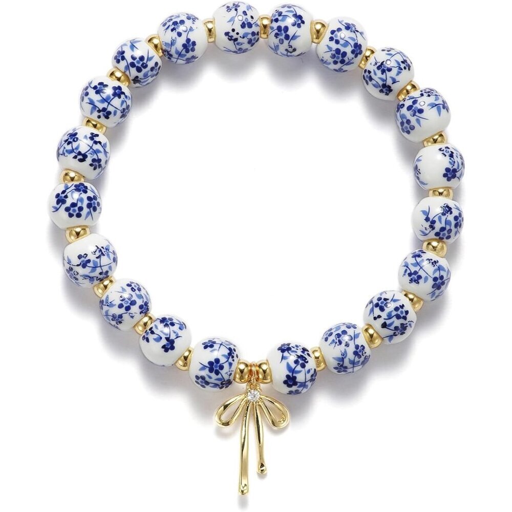 Beaded Bow Charm Bracelet for Women Vintage Flower Handmade Romantic Jewelry